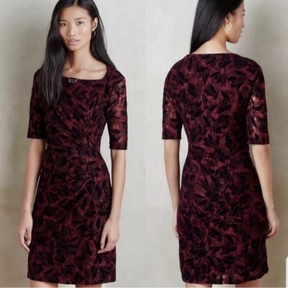 Maeve Anthropologie Elorn Burgundy Black Lace Ruched Dress NWT 2 - Picture 1 of 14